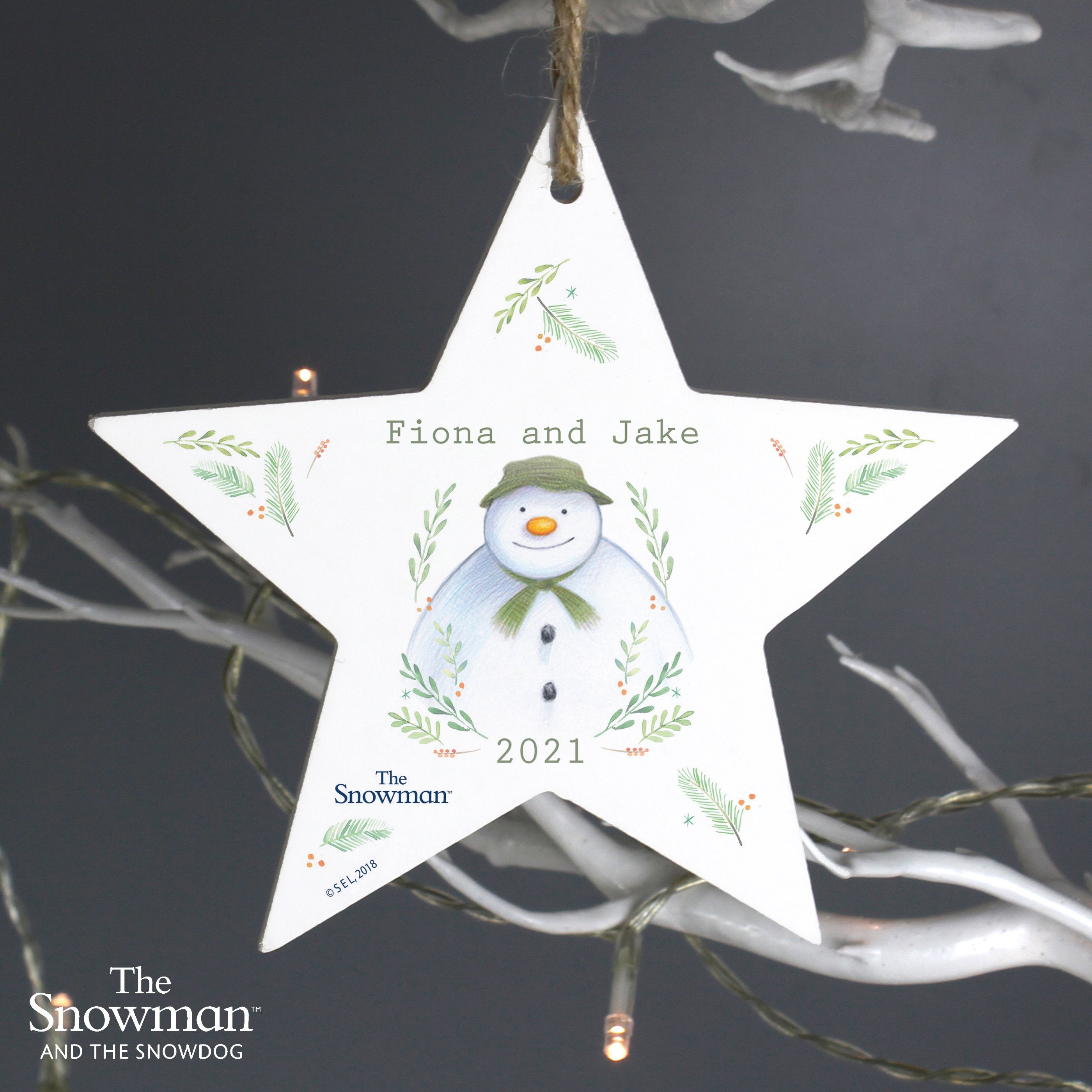 Personalised The Snowman Winter Garden Wooden Star Decoration