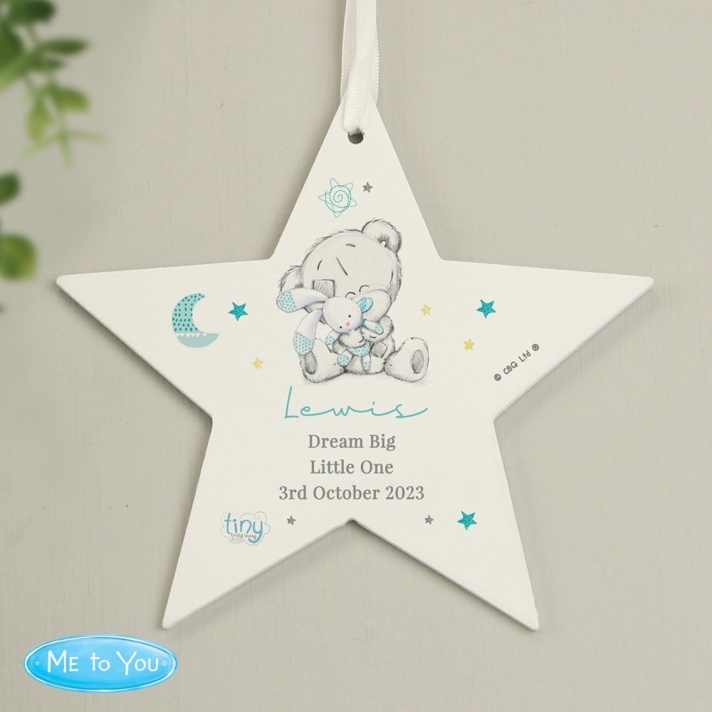 Personalised Tiny Tatty Teddy Dream Big Blue Wooden Star Decoration