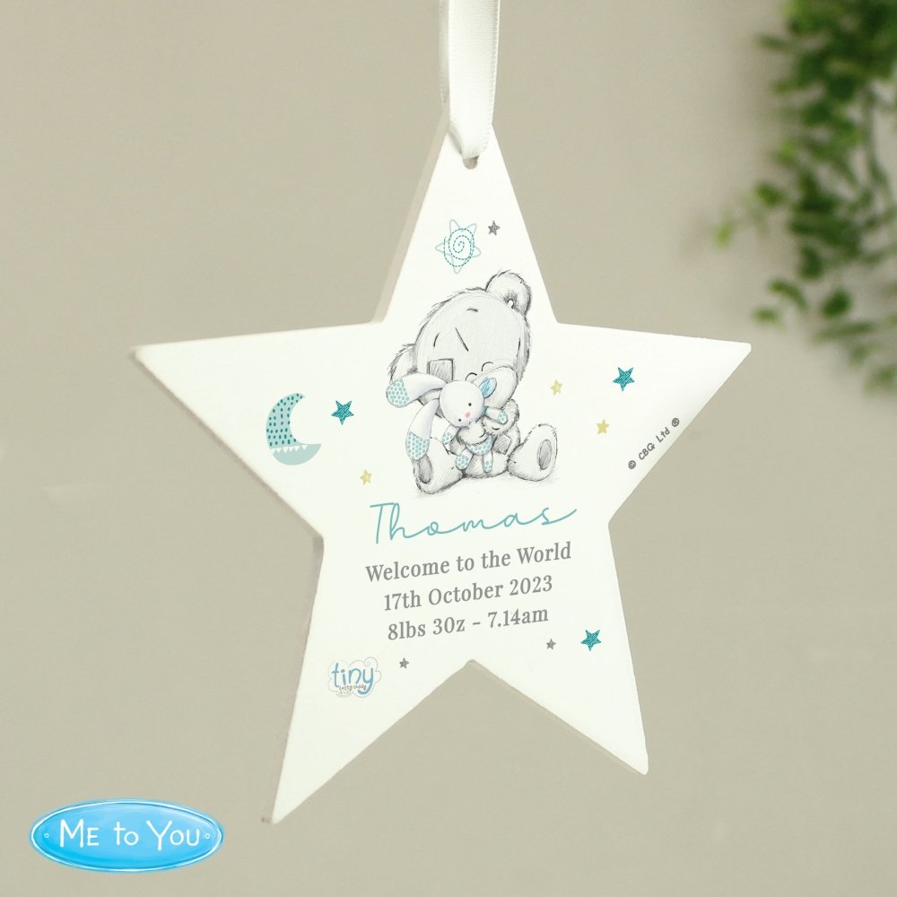 Personalised Tiny Tatty Teddy Dream Big Blue Wooden Star Decoration