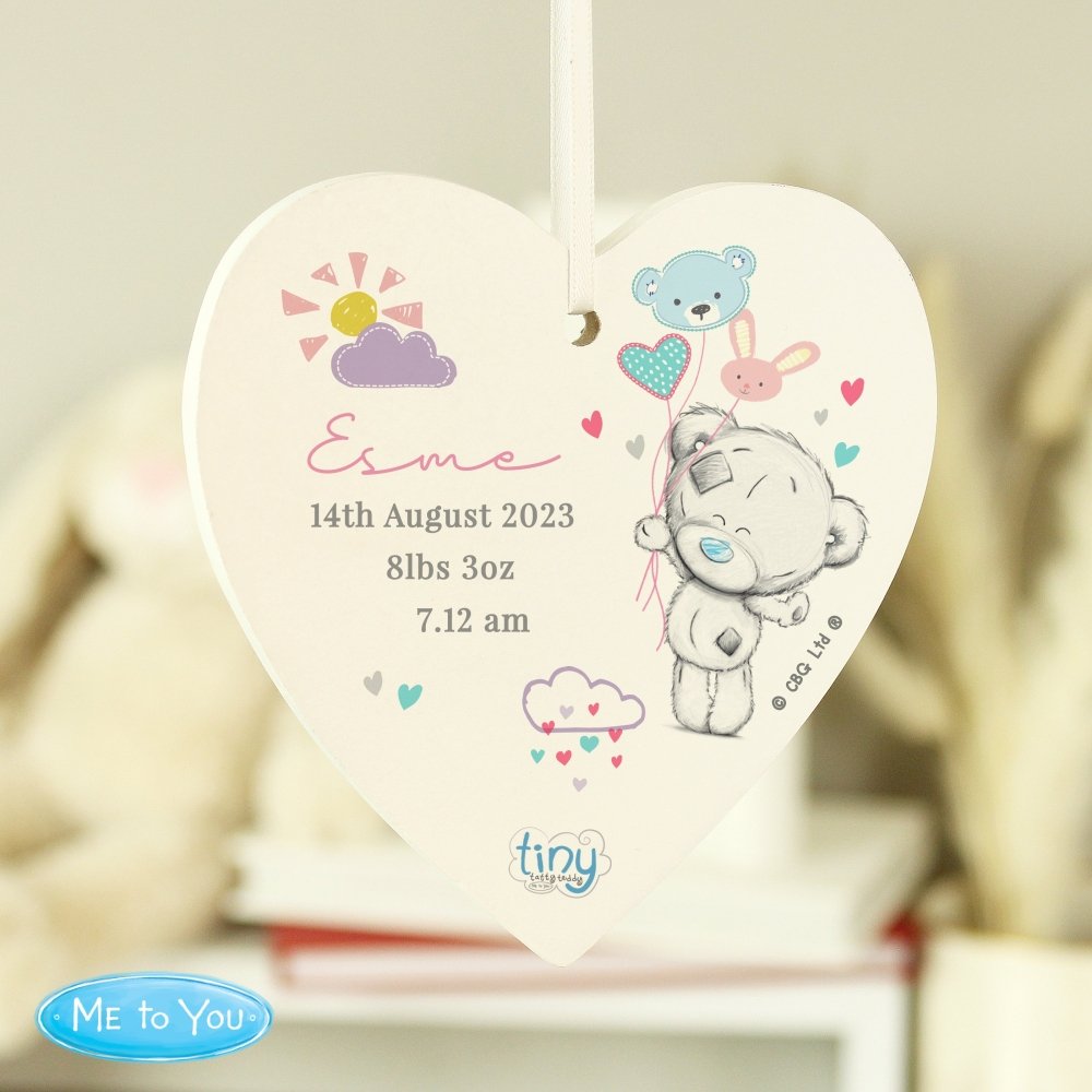 Personalised Tiny Tatty Teddy Dream Big Pink Wooden Heart Decoration