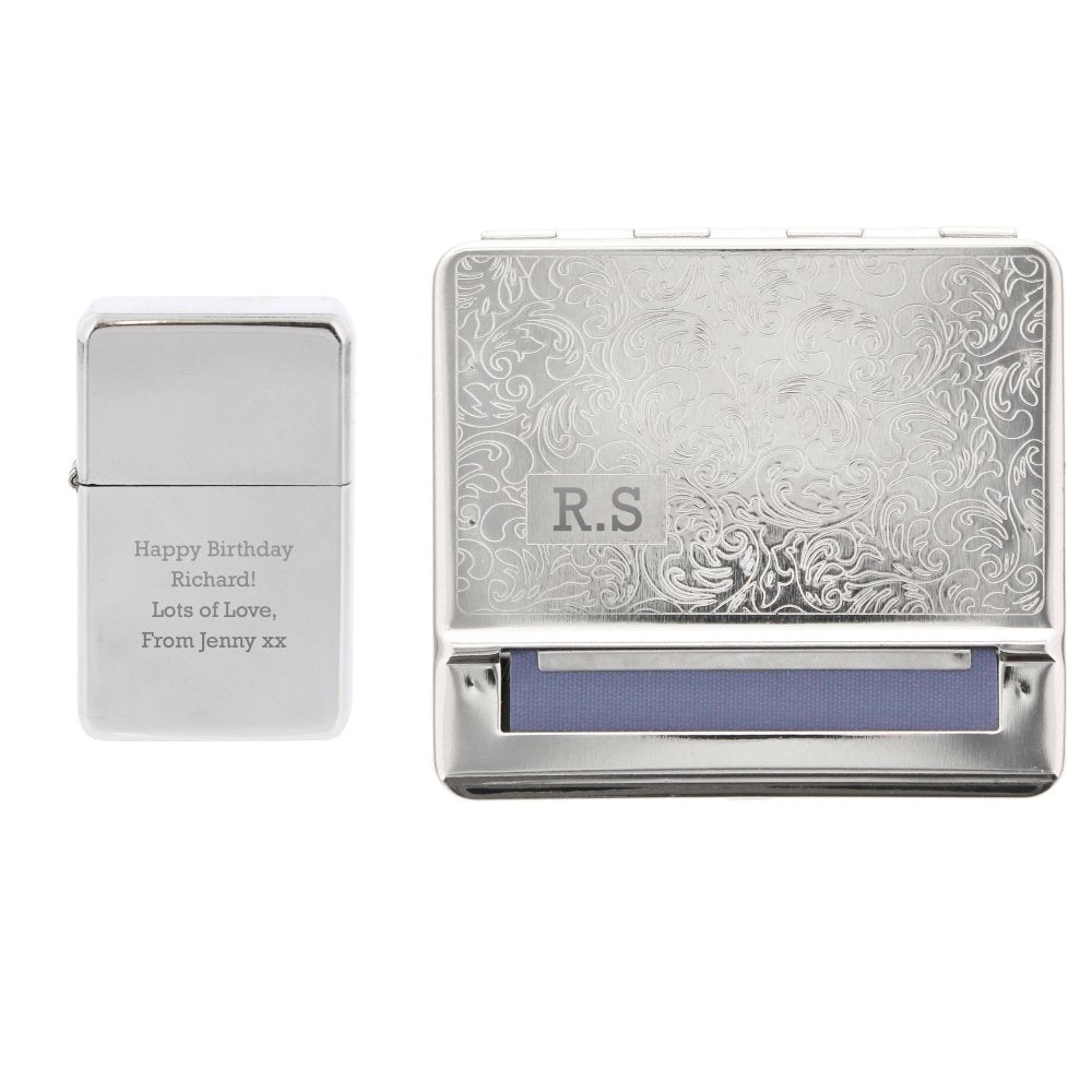 Personalised Tobacco Rolling Tin And Silver Lighter Set