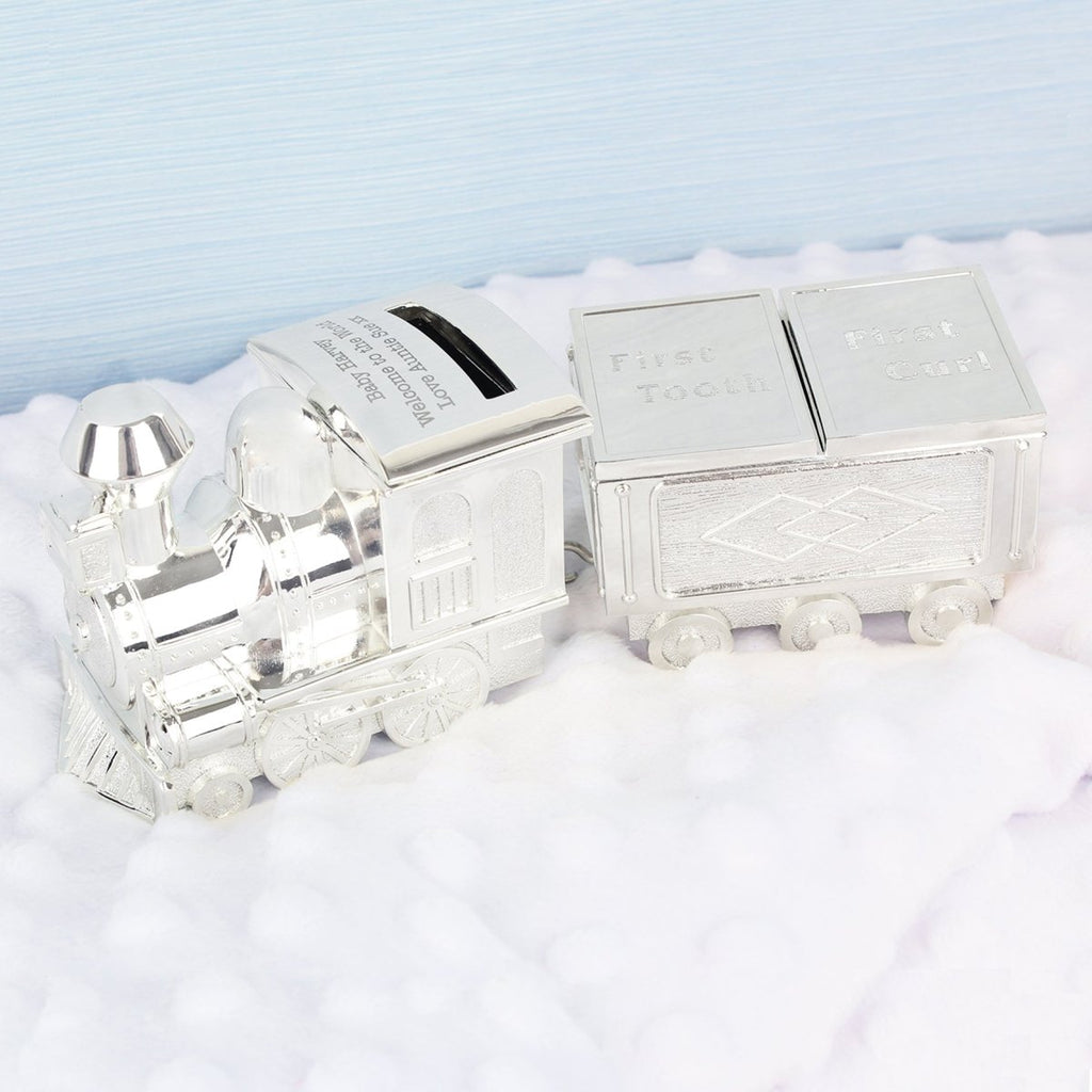 Personalised Train Money Box With Tooth & Curl Trinket Box