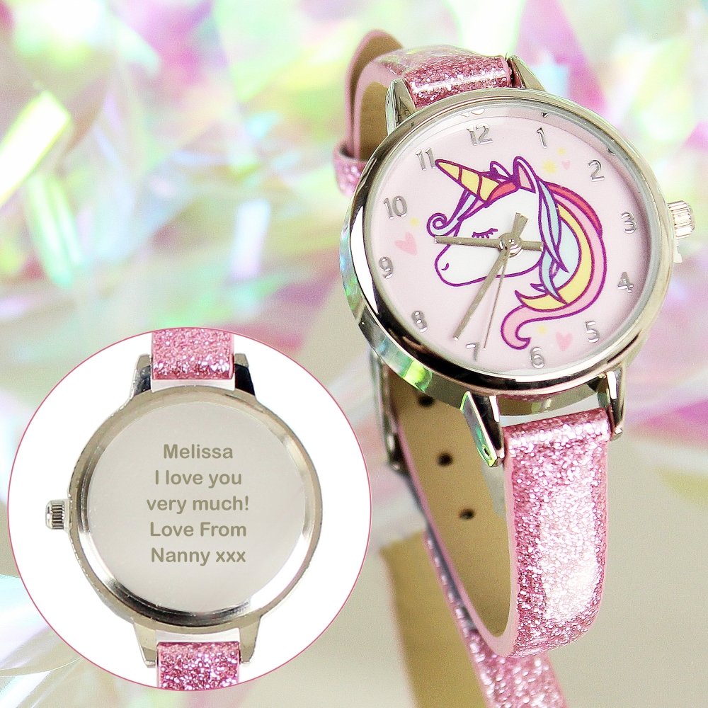 Personalised Unicorn With Pink Glitter Strap Girls Watch