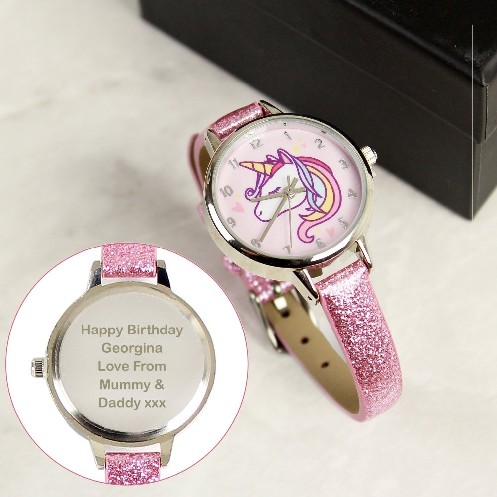 Personalised Unicorn With Pink Glitter Strap Girls Watch