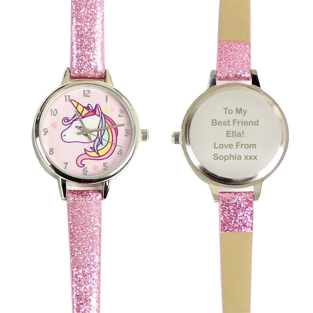 Personalised Unicorn With Pink Glitter Strap Girls Watch