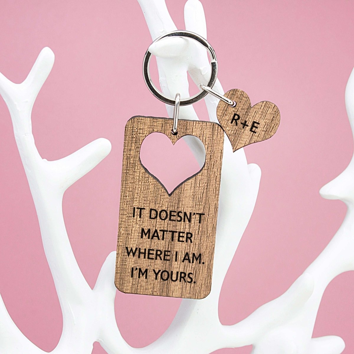 Personalised Valentine's Couples Heart Shape Walnut Keyring
