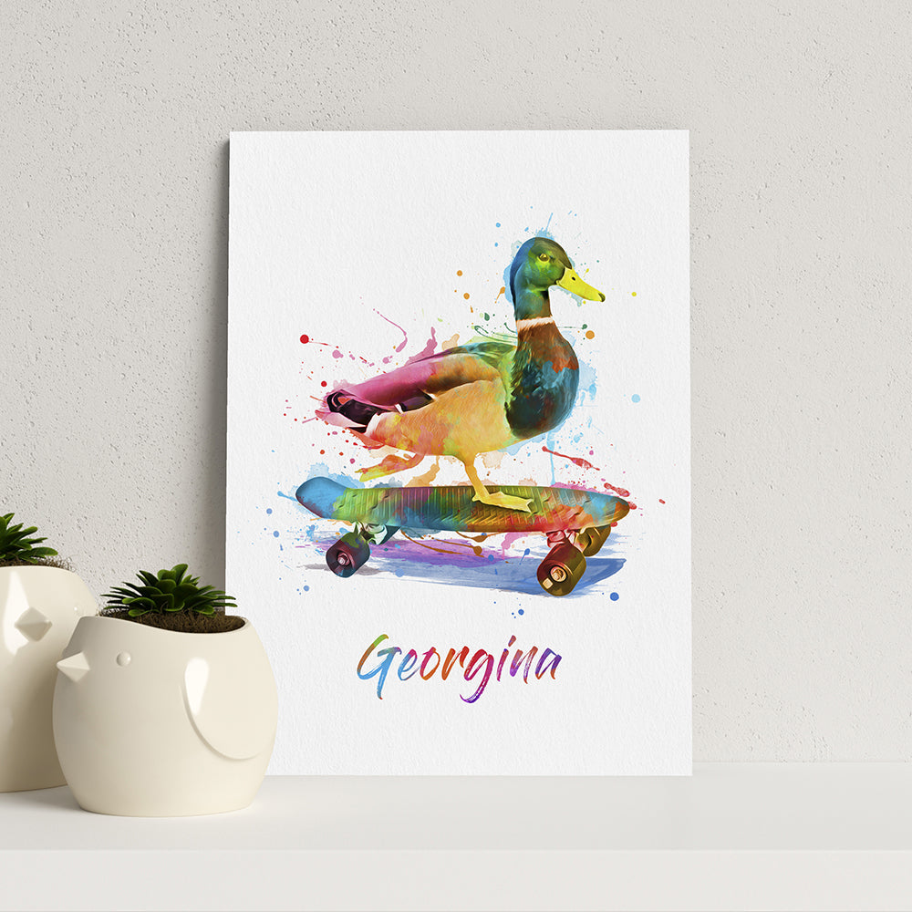 Personalised Personalised Watercolour Duck Skateboarding Print