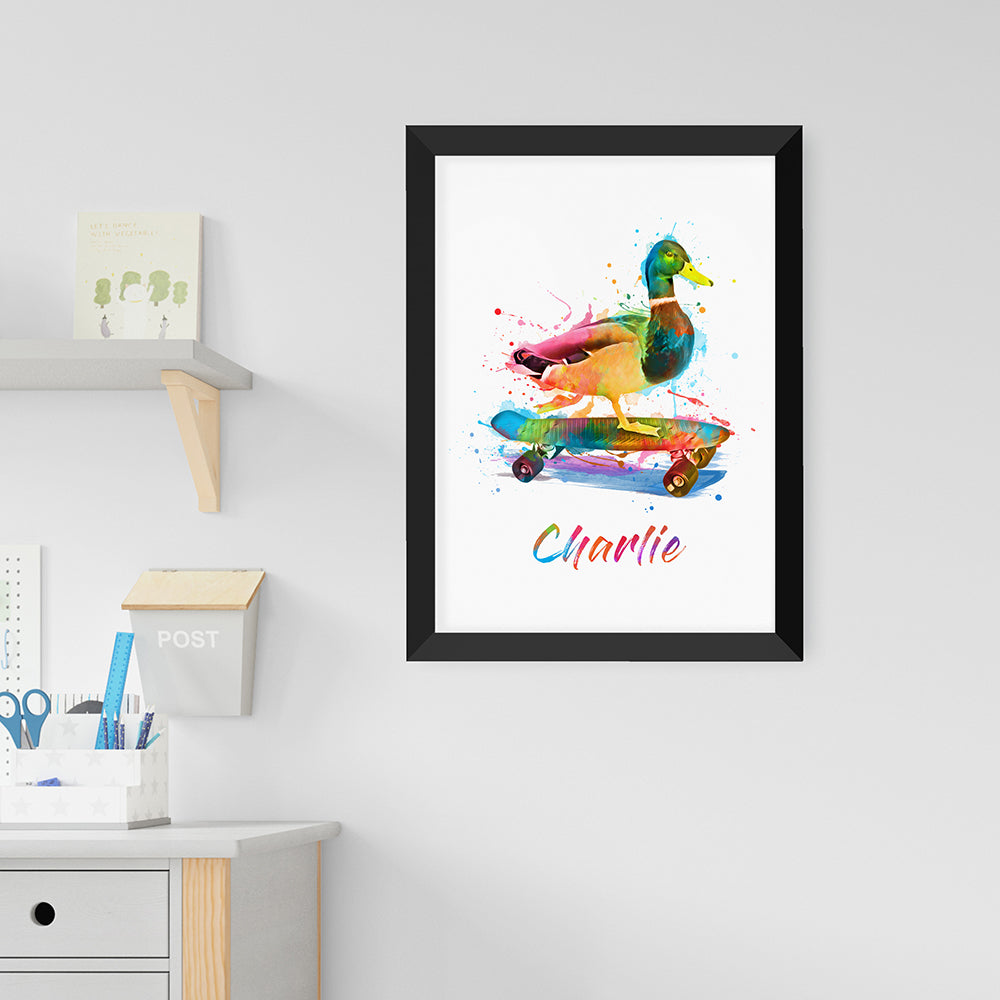 Personalised Personalised Watercolour Duck Skateboarding Print