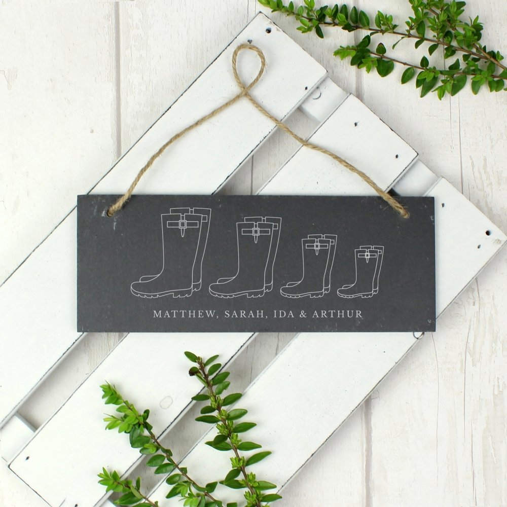 Personalised Welly Boot Family Of Four Hanging Slate Plaque