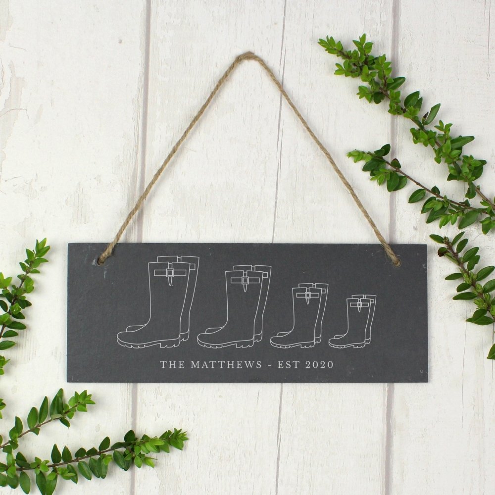 Personalised Welly Boot Family Of Four Hanging Slate Plaque