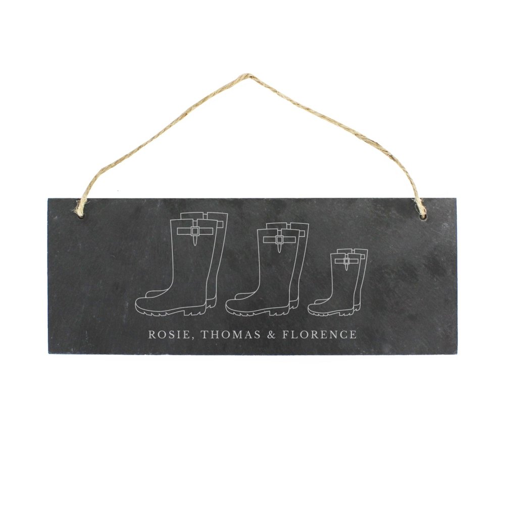 Personalised Welly Boot Family Of Three Hanging Slate Plaque