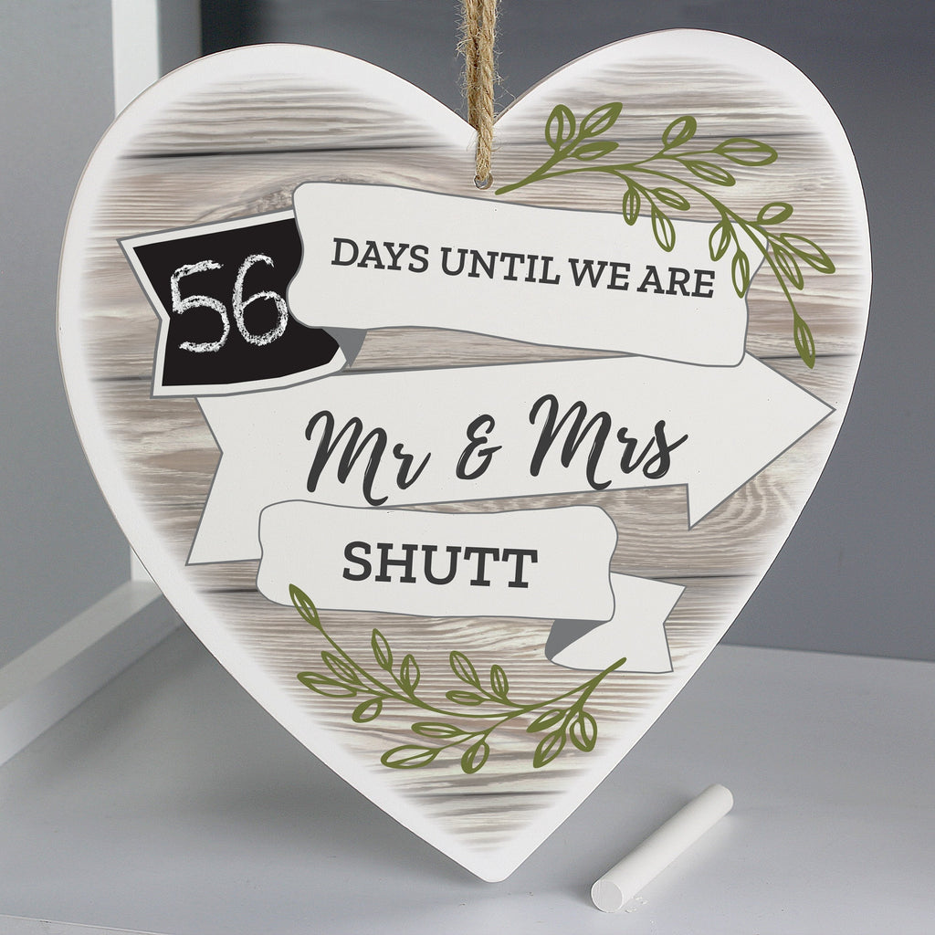 Personalised White Arrow Banner Chalk Countdown Wooden Heart Decoration