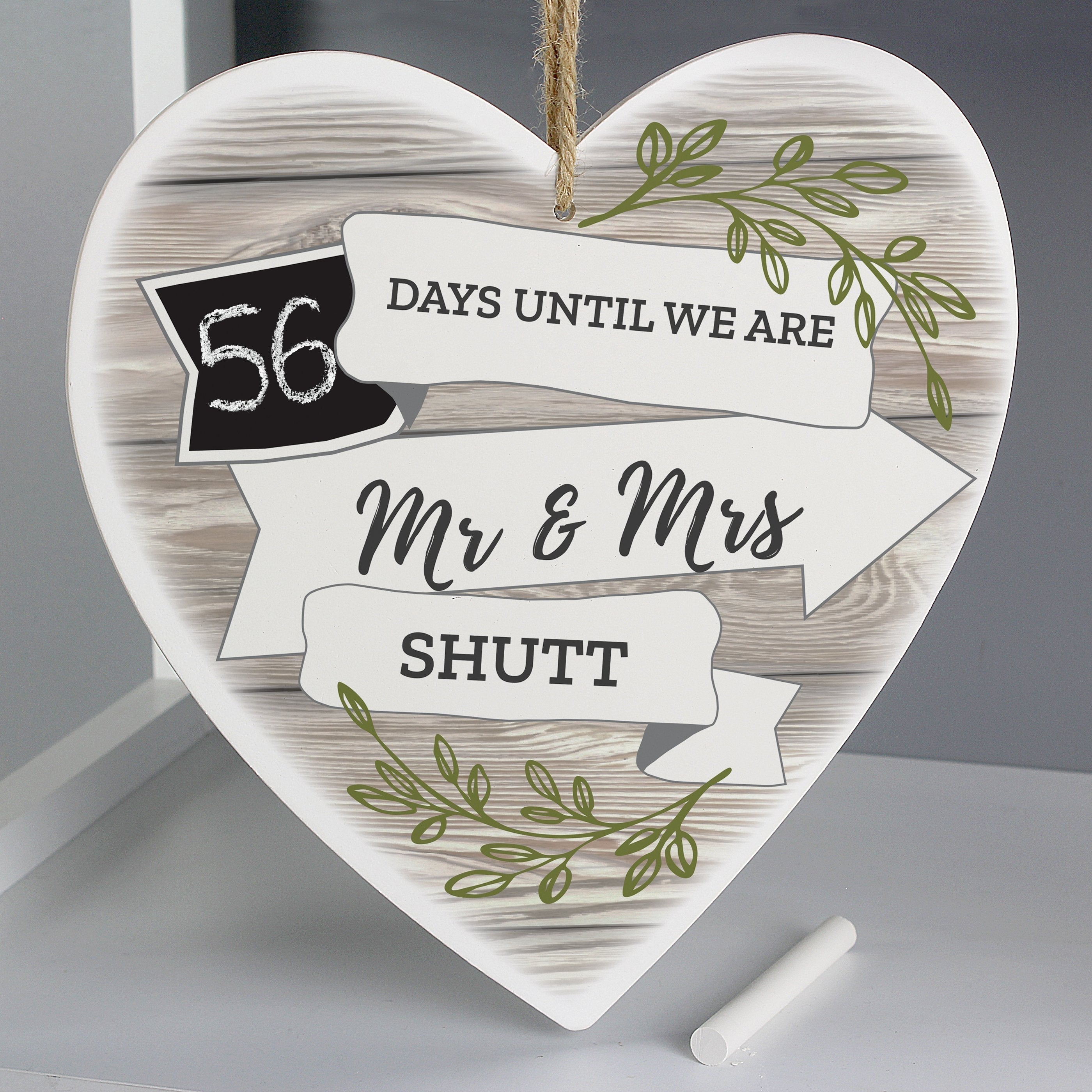Personalised White Arrow Banner Chalk Countdown Wooden Heart Decoration