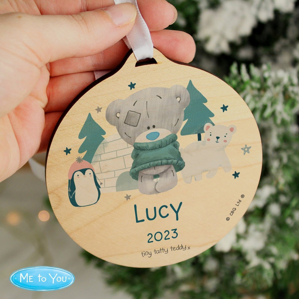 Personalised Winter Explorer Tiny Tatty Teddy Round Wooden Decoration