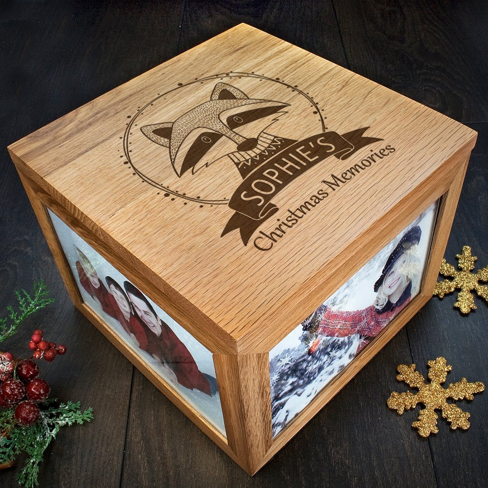 Personalised Woodland Raccoon Christmas Memory Photo Cube