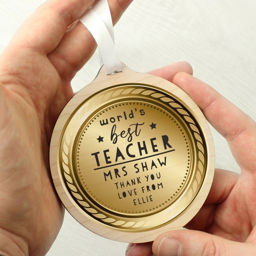 Personalised World’S Best Teacher Round Wooden Medal
