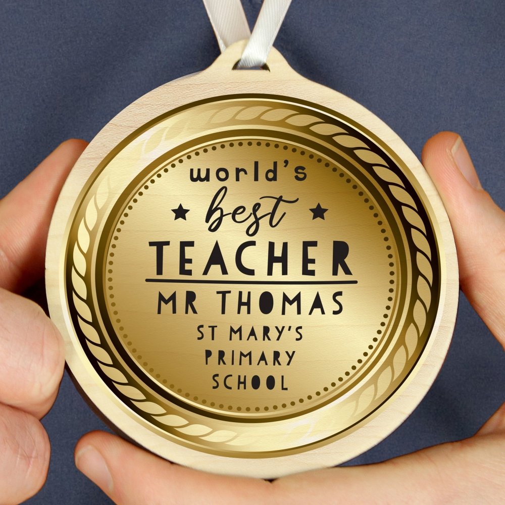 Personalised World’S Best Teacher Round Wooden Medal