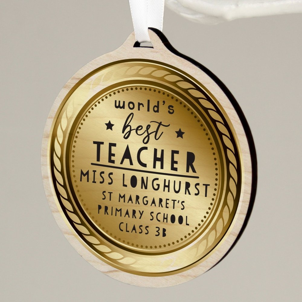 Personalised World’S Best Teacher Round Wooden Medal