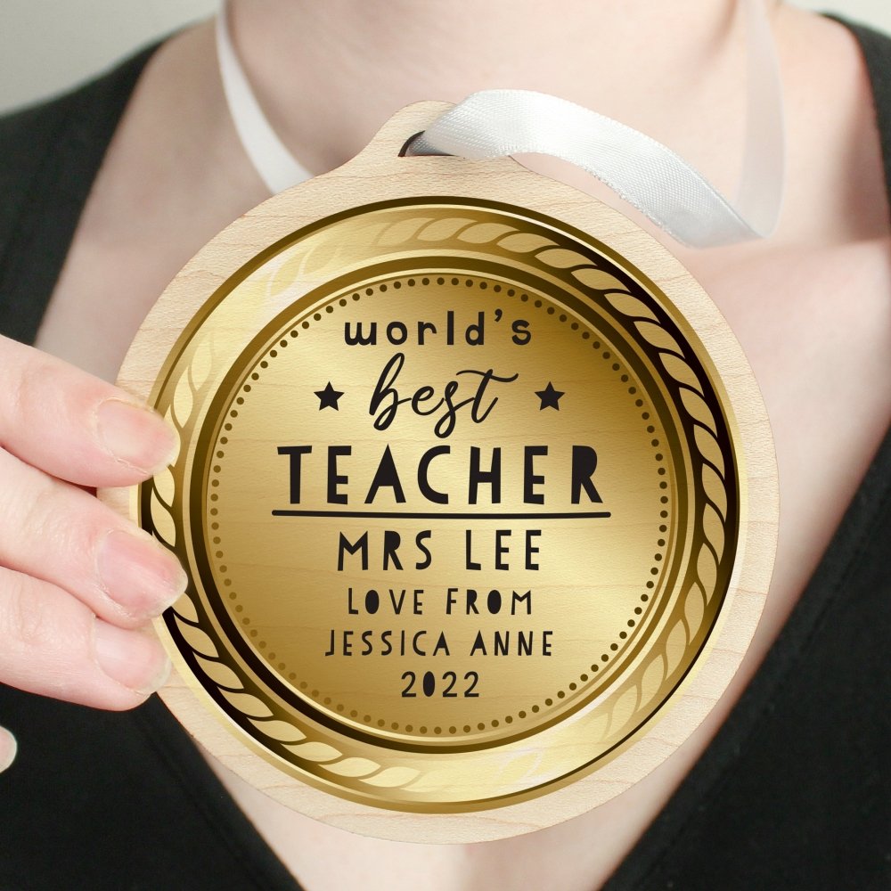 Personalised World’S Best Teacher Round Wooden Medal