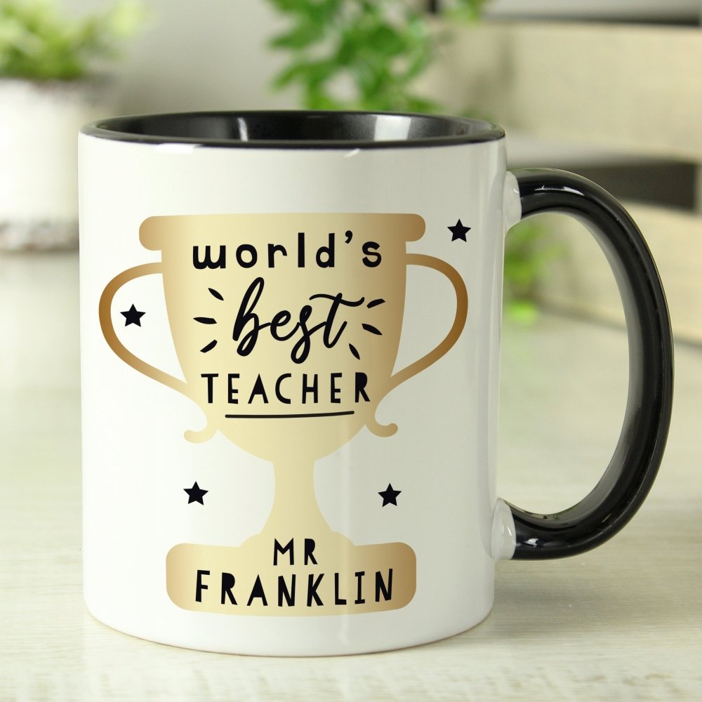 Personalised World's Best Teacher Trophy Black HandLED Mug