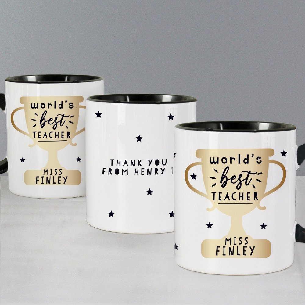 Personalised World's Best Teacher Trophy Black HandLED Mug