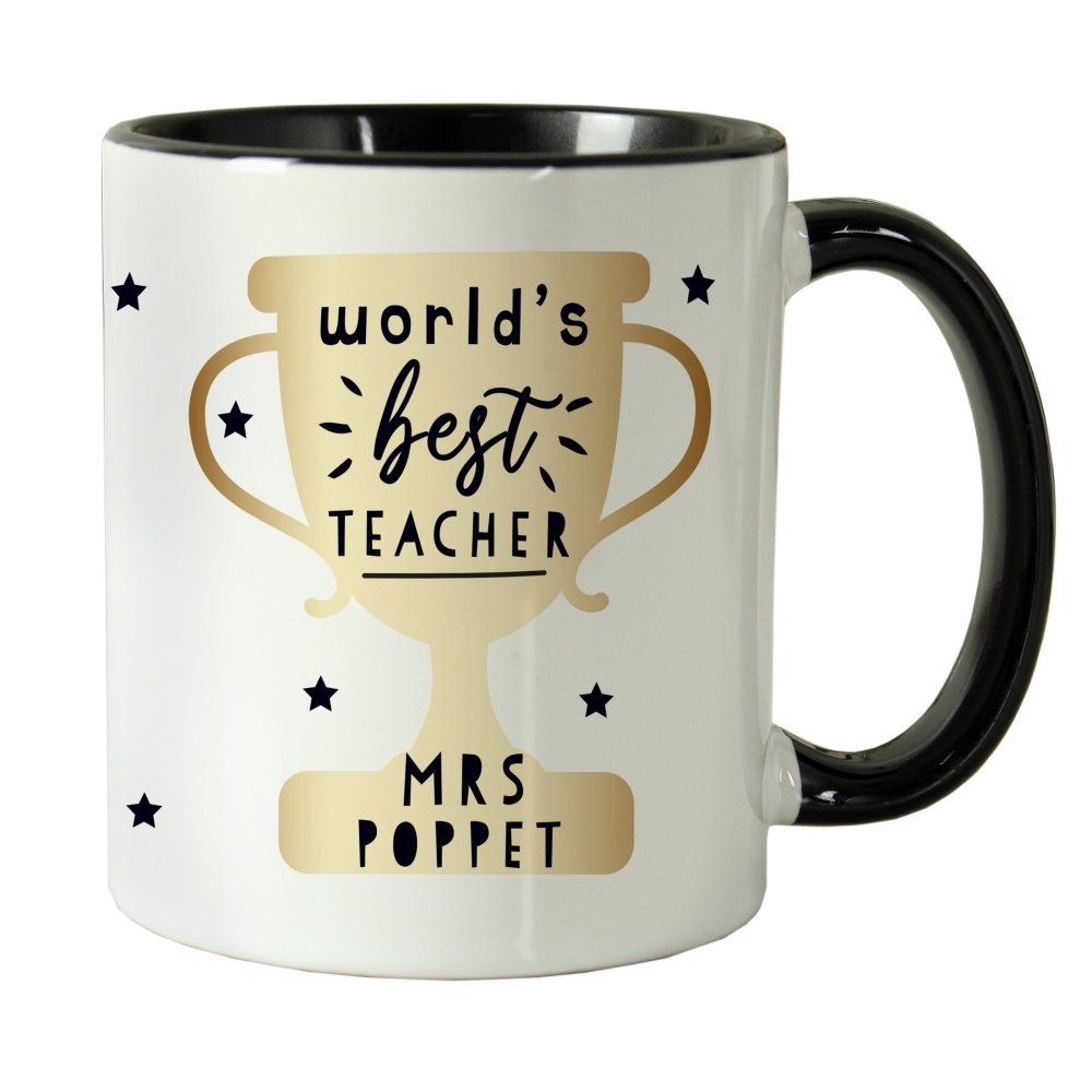 Personalised World's Best Teacher Trophy Black HandLED Mug