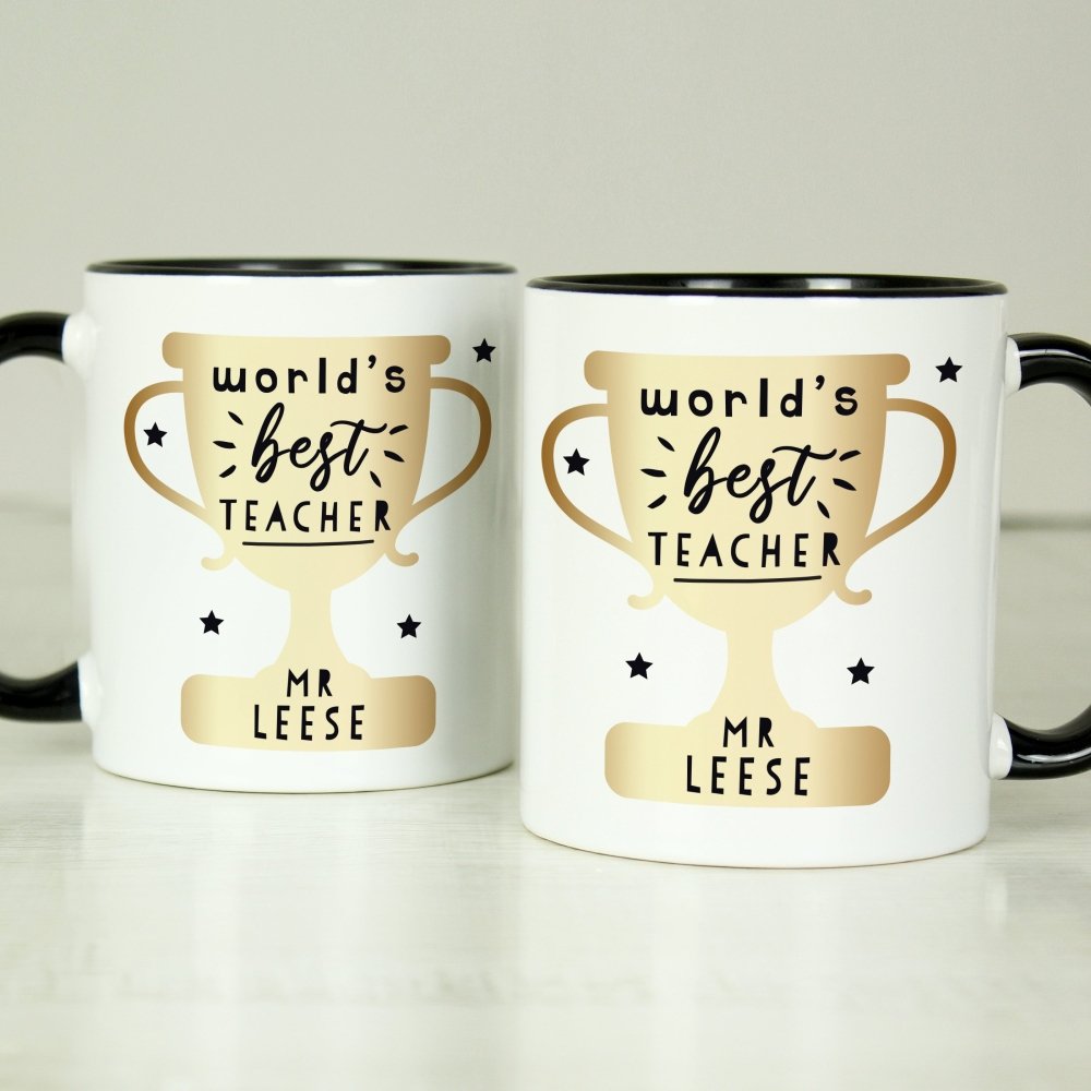 Personalised World's Best Teacher Trophy Black HandLED Mug