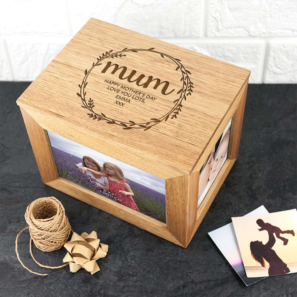 Personalised Wreath Mother's Day Midi Oak Photo Cube Keepsake Box