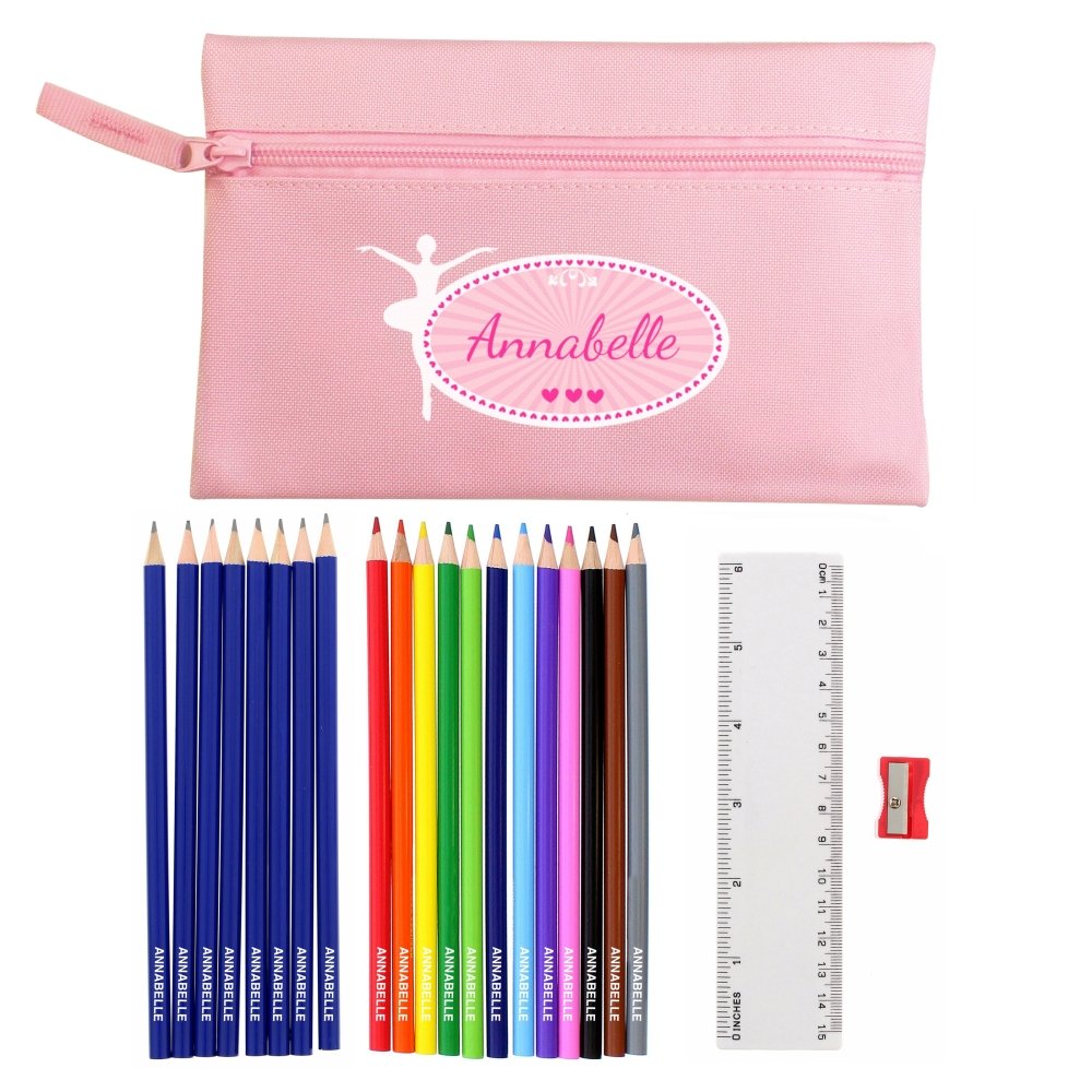 Pink Ballerina Pencil Case With Personalised Pencils & Crayons