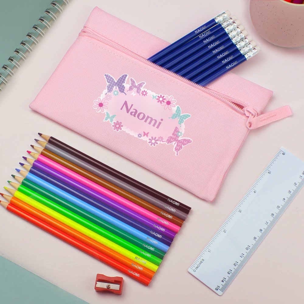 Pink Butterfly Pencil Case With Personalised Pencils & Crayons