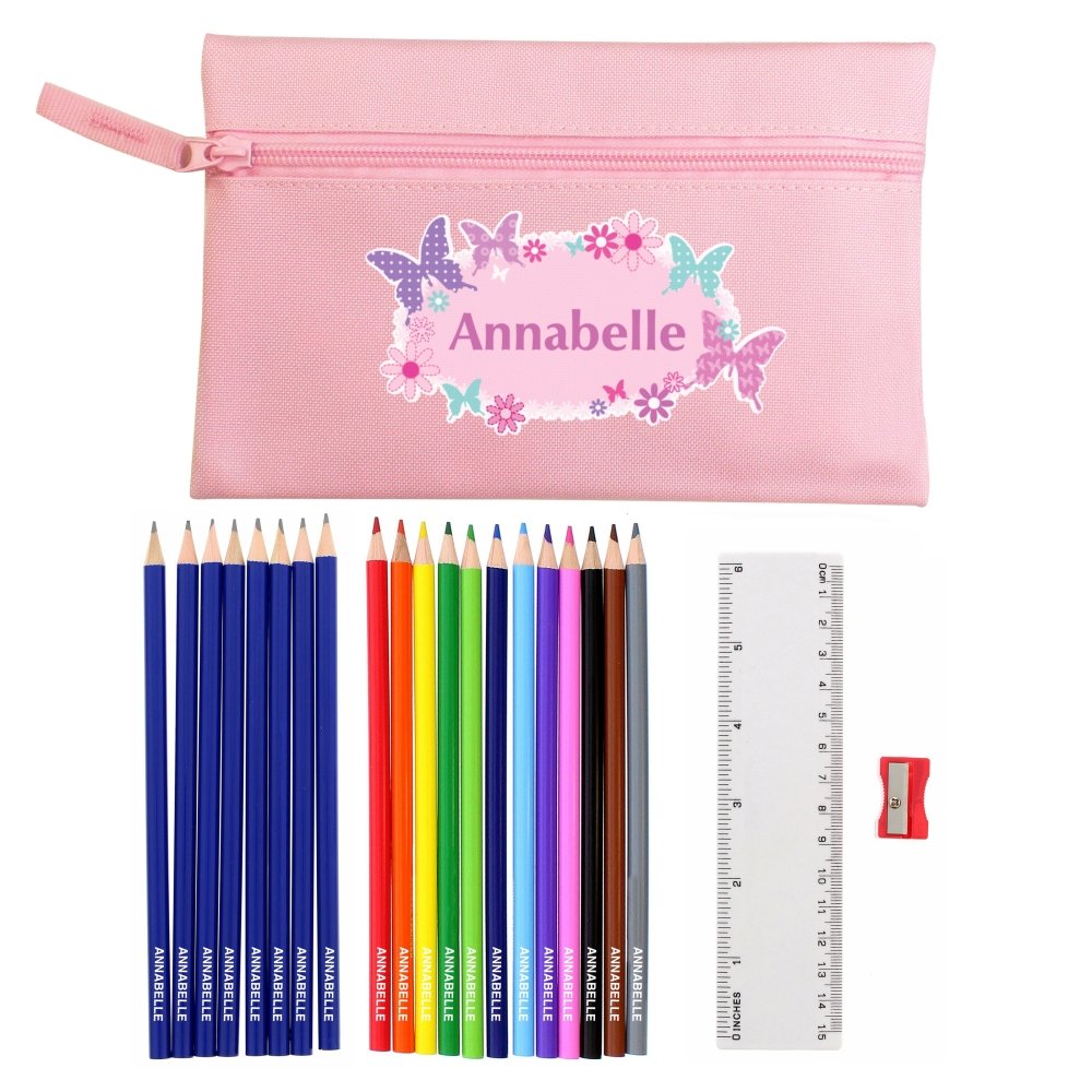 Pink Butterfly Pencil Case With Personalised Pencils & Crayons