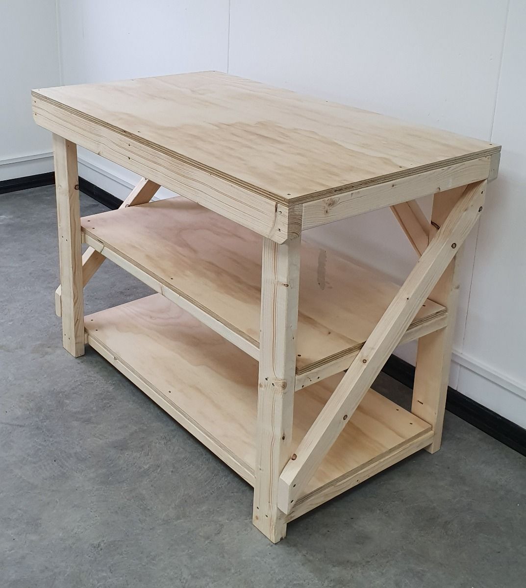 Wooden Workbench Superior Strength 18mm Plywood Top With Double Shelf