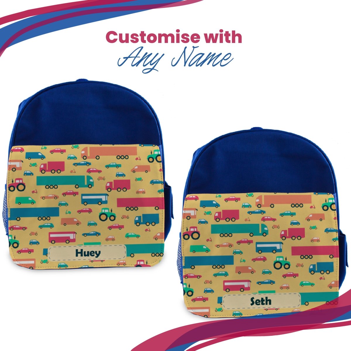 Printed Kids Blue Backpack with Vehicle Design, Customise with Any Name
