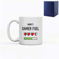 Printed Mug with Name's Gamer Fuel Hearts Design, Gift Boxed, Personalise with any name for any gamer