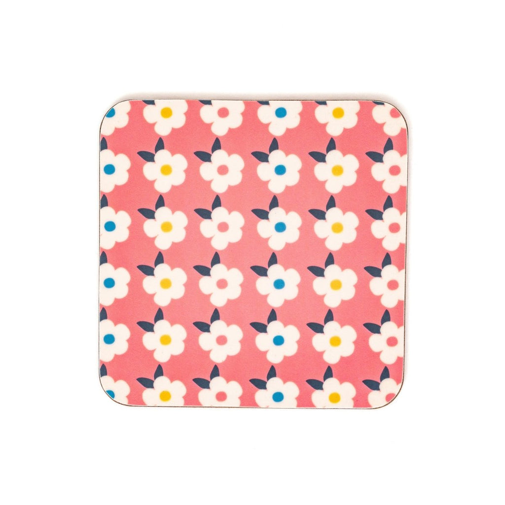 ROSE PINK GIFT SET For Her Retro Floral Enamel Cup - Beautiful Tin Mug - Cork Coaster - Pin Badge - Tea Towel - Colourful Home