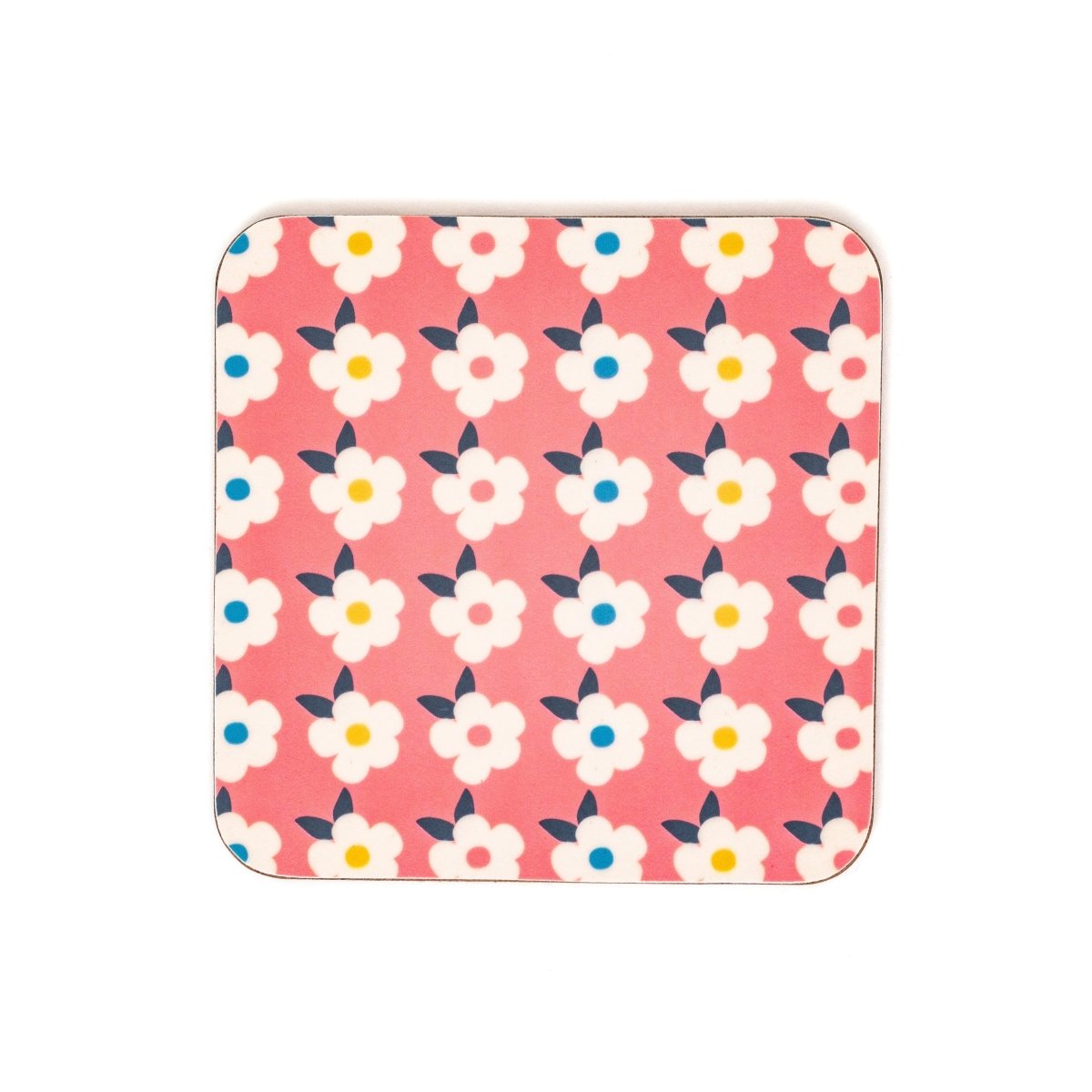 ROSE PINK GIFT SET For Her Retro Floral Enamel Cup - Beautiful Tin Mug - Cork Coaster - Pin Badge - Tea Towel - Colourful Home
