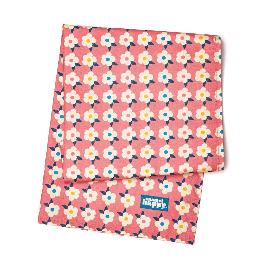 ROSE PINK GIFT SET For Her Retro Floral Enamel Cup - Beautiful Tin Mug - Cork Coaster - Pin Badge - Tea Towel - Colourful Home