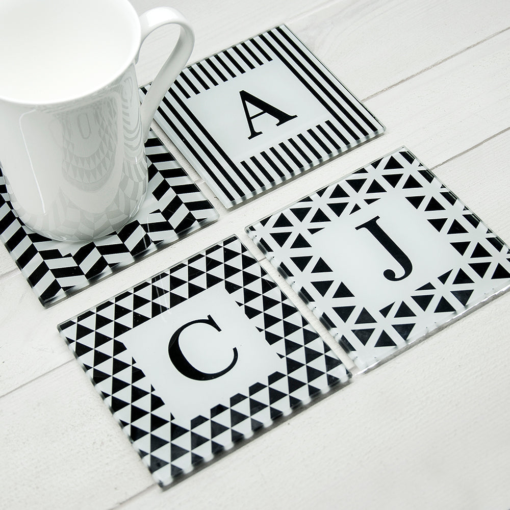 Personalised Set of Four Glass Coasters - Black & White Design