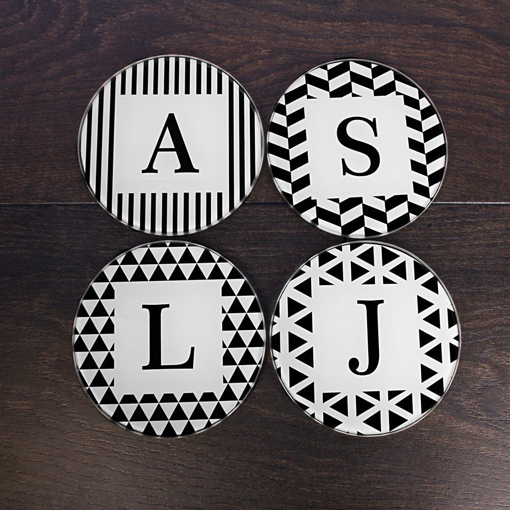 Set Of Four Glass Coasters - Black & White Design