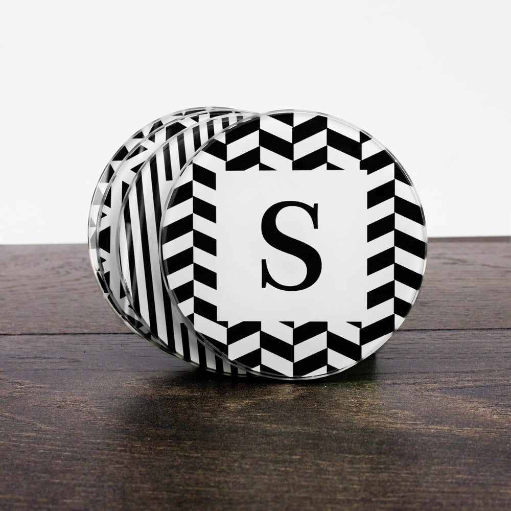 Set Of Four Glass Coasters - Black & White Design
