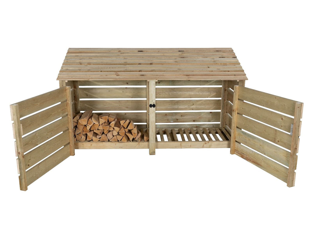 Slatted Wooden Log Store with Doors W-227cm, H-126cm or 180cm, D-88cm