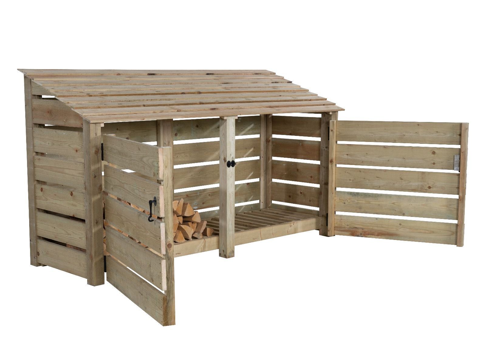 Slatted Wooden Log Store with Doors W-227cm, H-126cm or 180cm, D-88cm