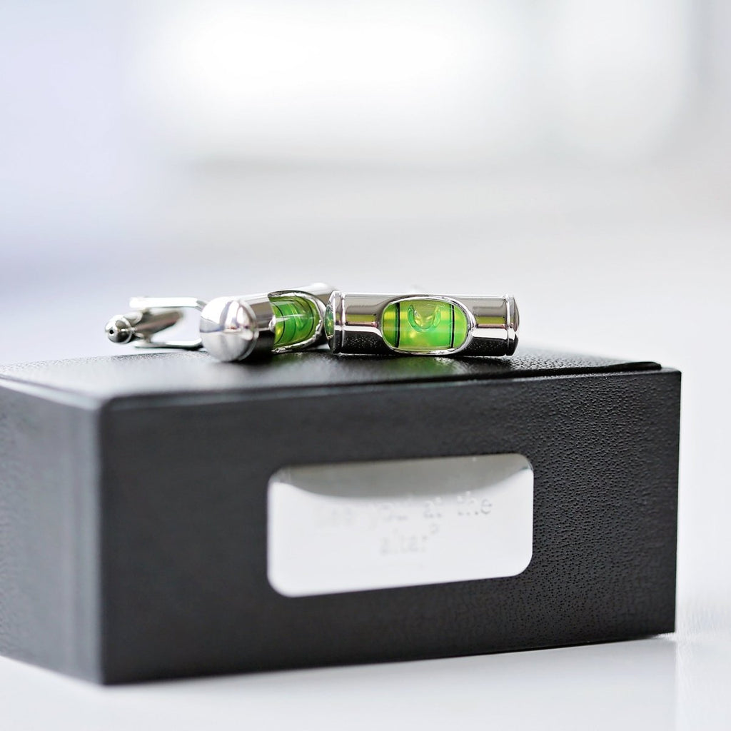 Spirit Level Cufflinks, Engraved Box