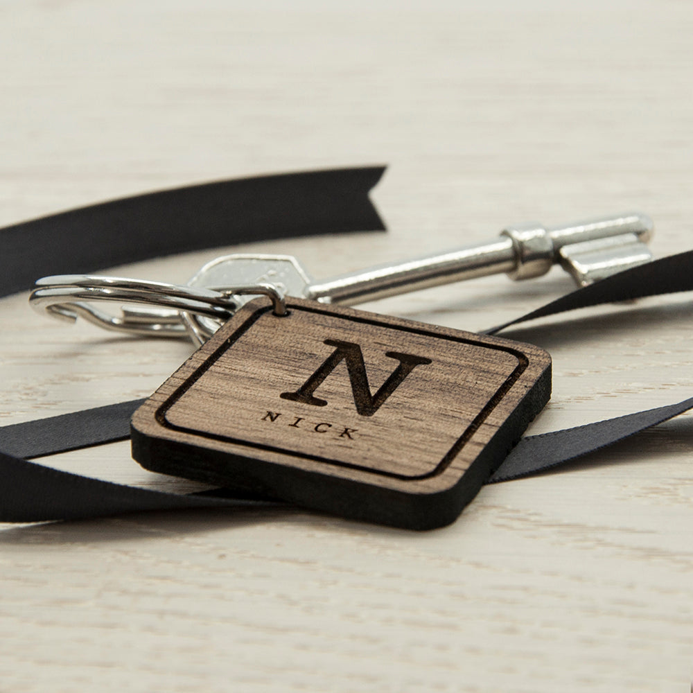 Personalised Square Wooden Key Ring - Initial and Name