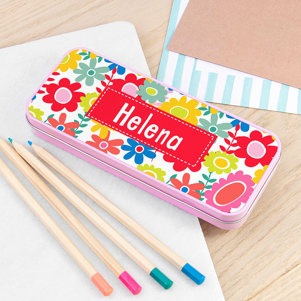Personalised Personalised Girl's Patterned Pink Pencil Case Tin