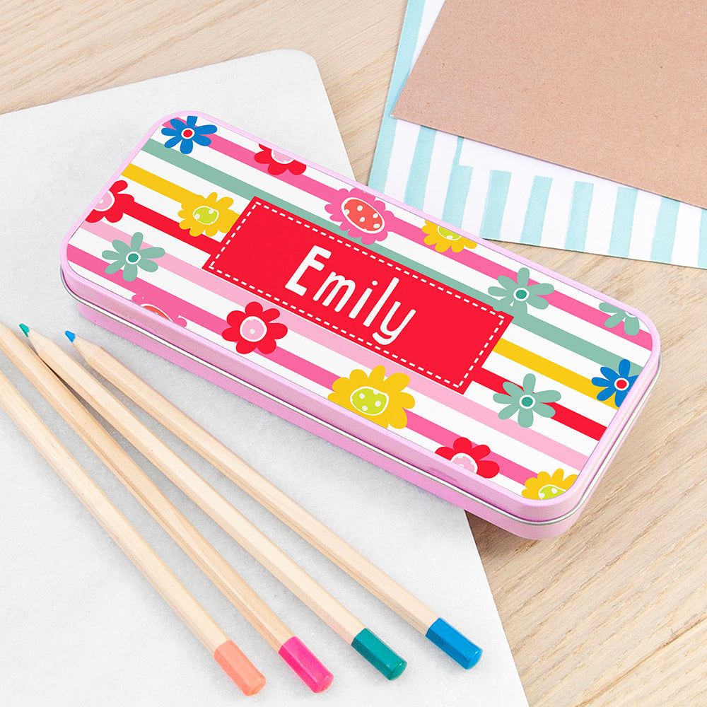 Personalised Personalised Girl's Patterned Pink Pencil Case Tin