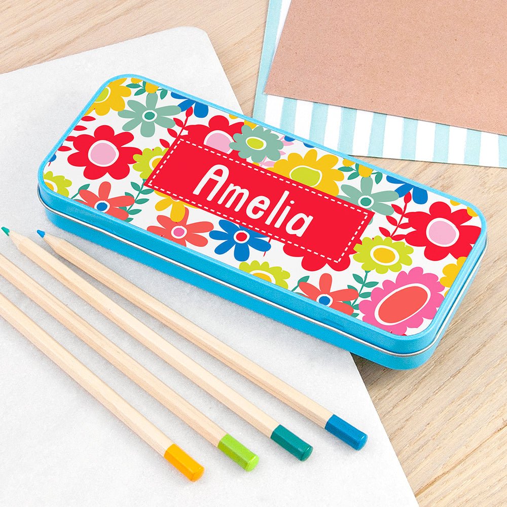 Personalised Personalised Girl's Patterned Blue Pencil Case Tin