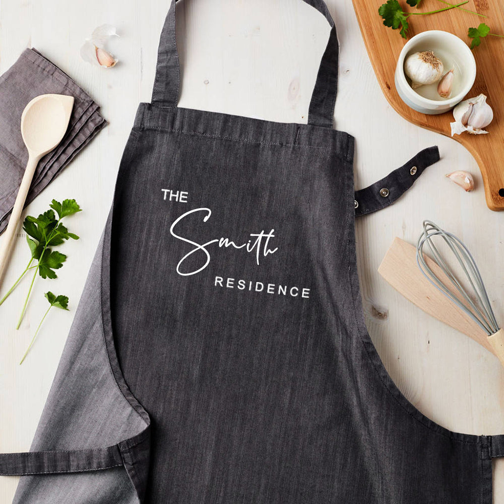 Personalised Personalised Grey Denim Family Residence Apron