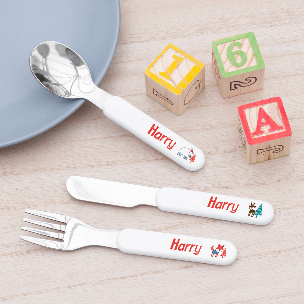 Personalised Kids Winter Wonderland Metal Cutlery Set
