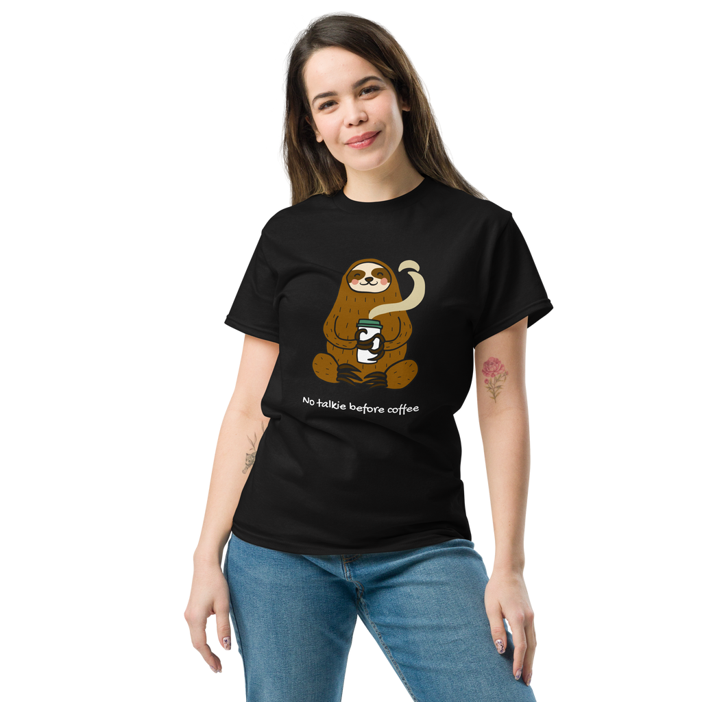No Talkie Before Coffee Tee - Sloth Graphic T-Shirt for Coffee Lovers